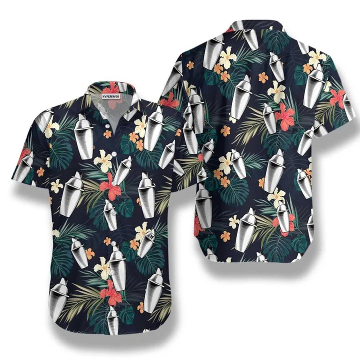 Tropical Pattern Bartender Hibiscus And Leaf Hawaiian Shirt