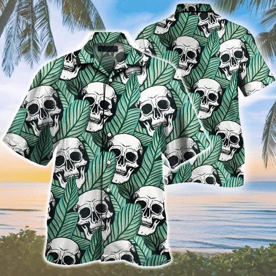 Tropical Skull And Green Leaf Seamless Pattern Hawaiian Shirt