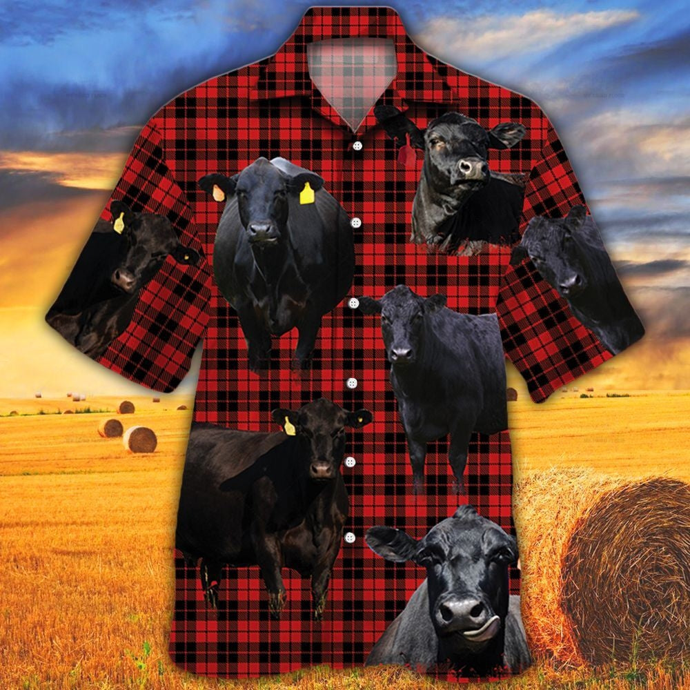 Black Angus Cattle Lovers Red Tartan Pattern Hawaiian Shirt