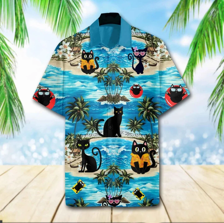 Funny Black Cat Chilling On The Beach Hawaiian Shirt