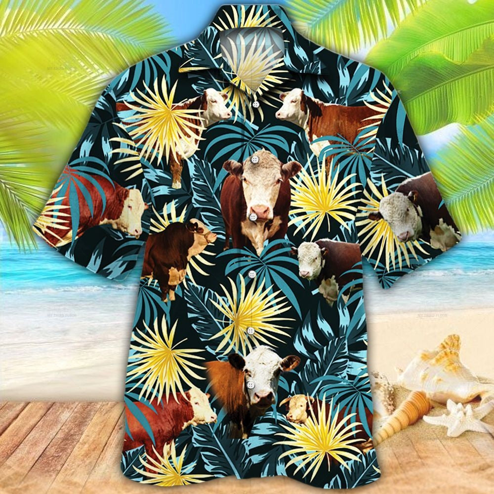 Hereford Cattle Lovers Blue And Yellow Plants Hawaiian Shirt