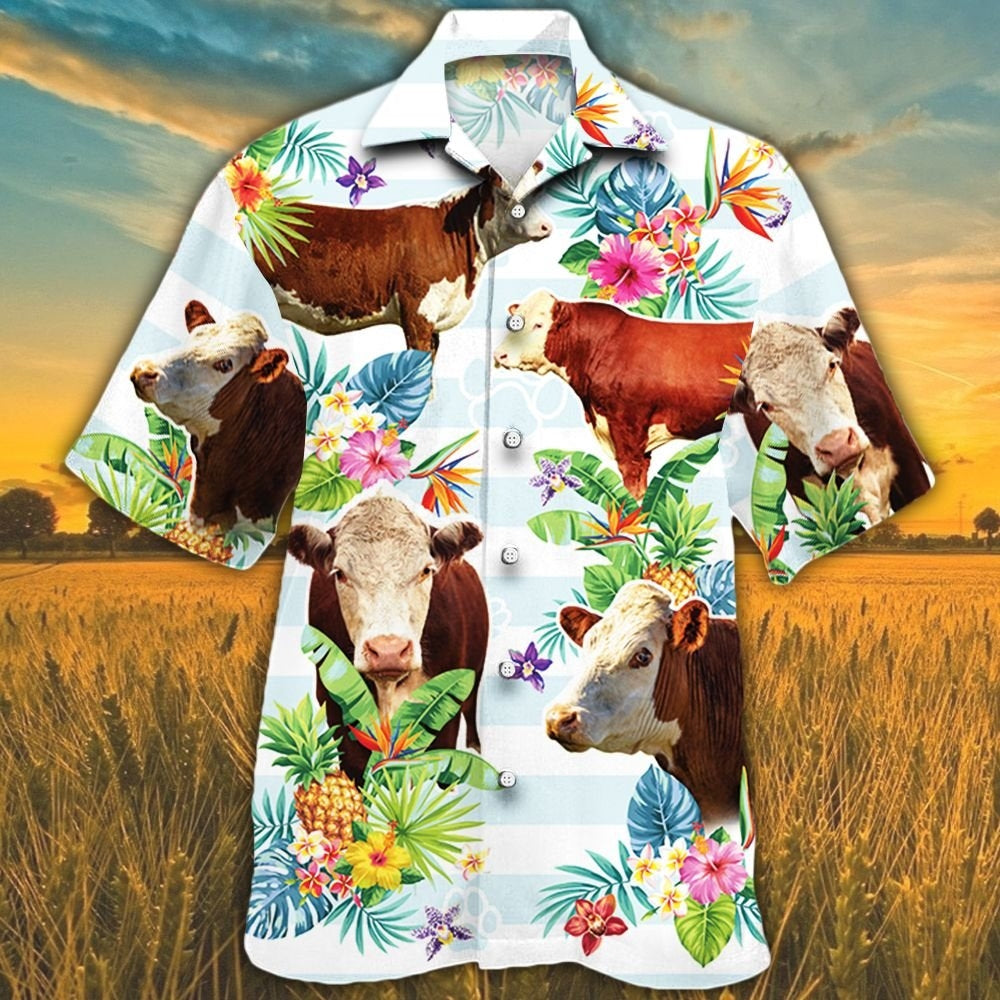 Hereford Cattle Lovers Tropical Flower Hawaiian Shirt