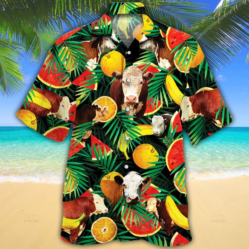 Hereford Cattle Lovers Tropical Fruits Hawaiian Shirt