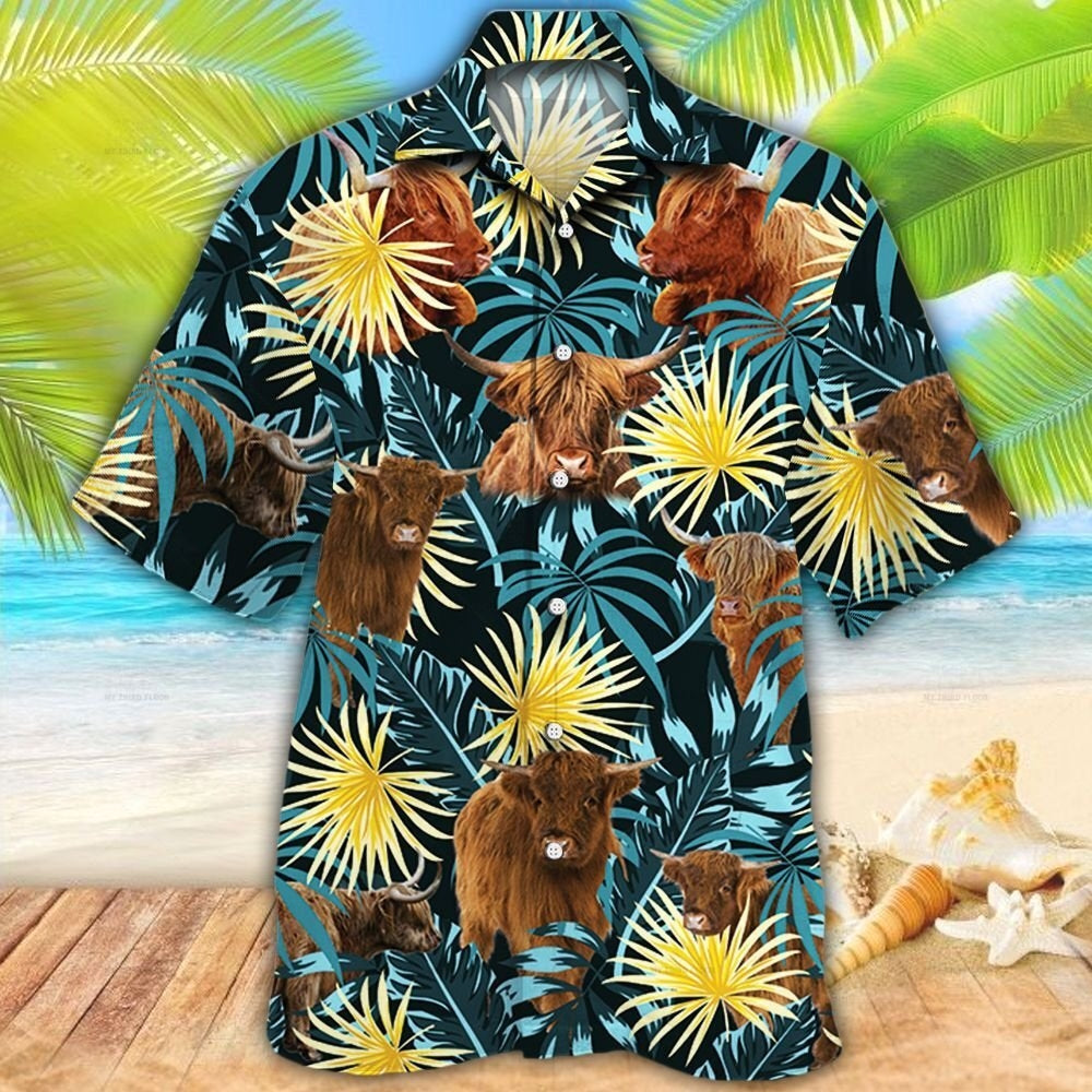 Highland Cattle Lovers Blue And Yellow Plants Hawaiian Shirt