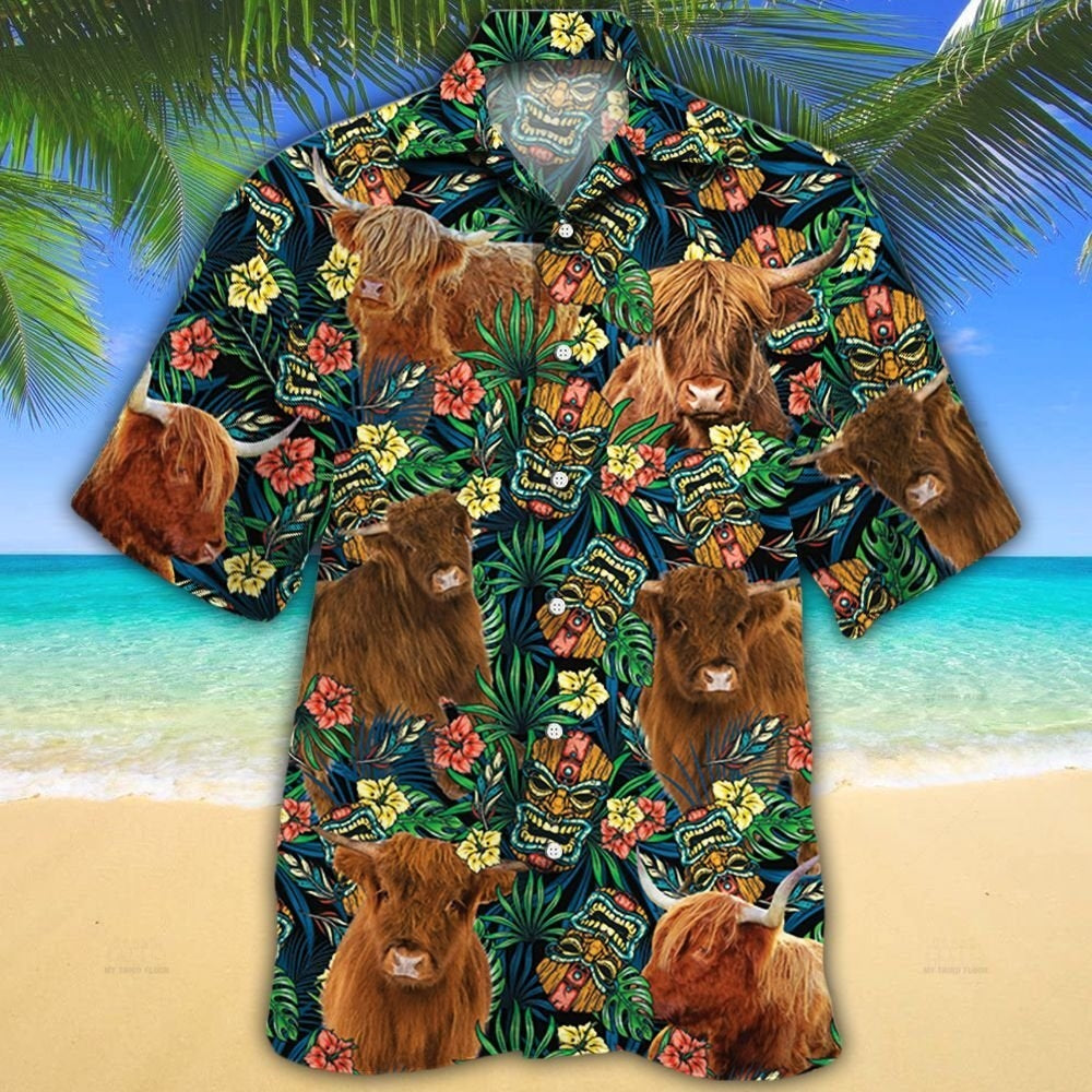 Highland Cattle Lovers Tribal Tiki Mask Hawaiian Shirt