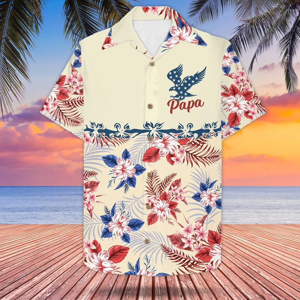 Personalized Papa American Eagle Flag, 4Th Of July, Tropical Pattern Hawaiian Shirt For Grandpa And Papa