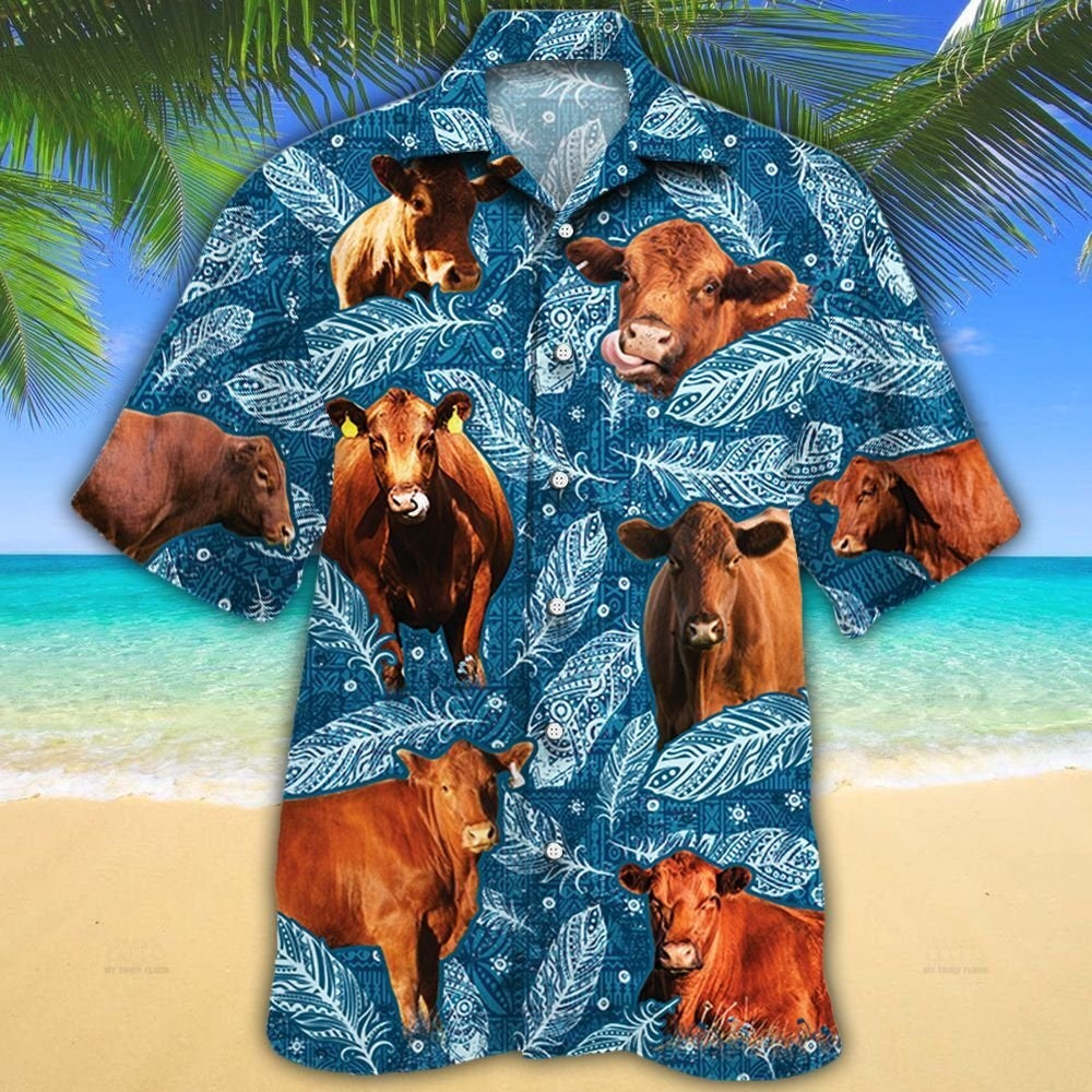 Red Angus Cattle Lovers Blue Feather Hawaiian Shirt