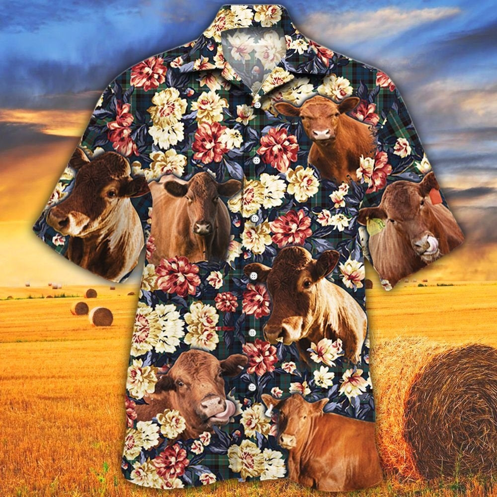 Red Angus Cattle Lovers Green Plaid Pattern Hawaiian Shirt