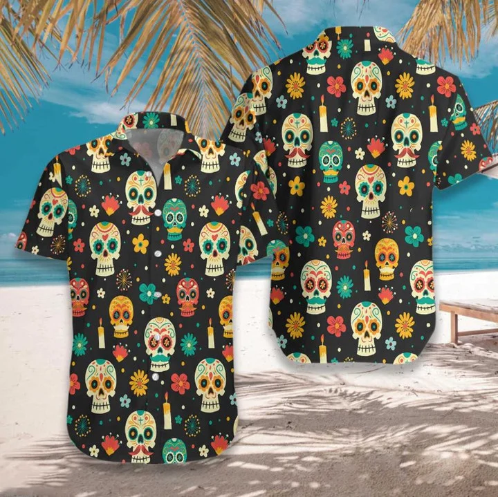 Skull Day Of The Dead Pattern Flower Hawaiian Shirt