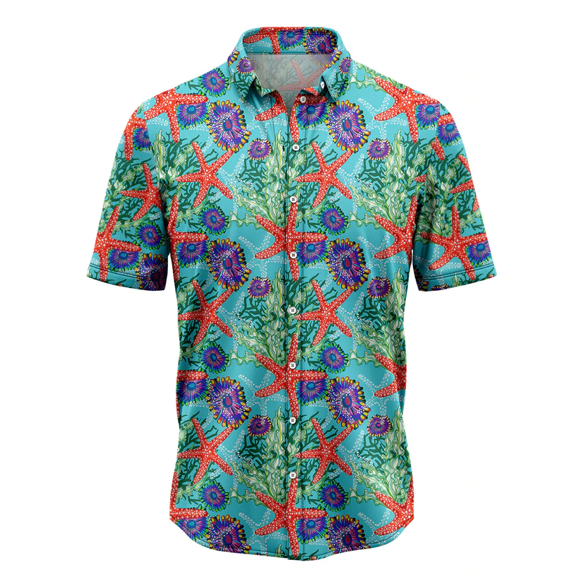 Starfish Underwater Floral Hawaiian Shirt, Summer gift, Hawaiian Shirts for Men, Aloha Beach Shirt