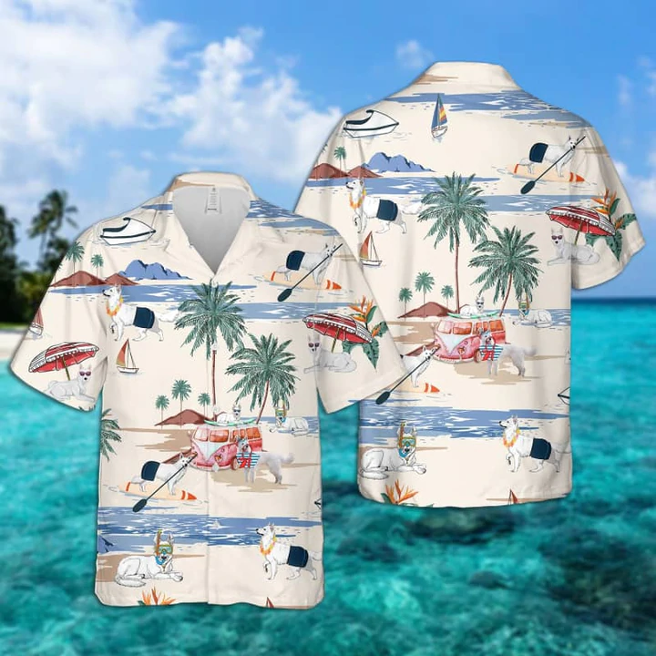 White Shepherd Summer Beach Hawaiian Shirt, Hawaiian Shirts for Men Short Sleeve Aloha Beach Shirt