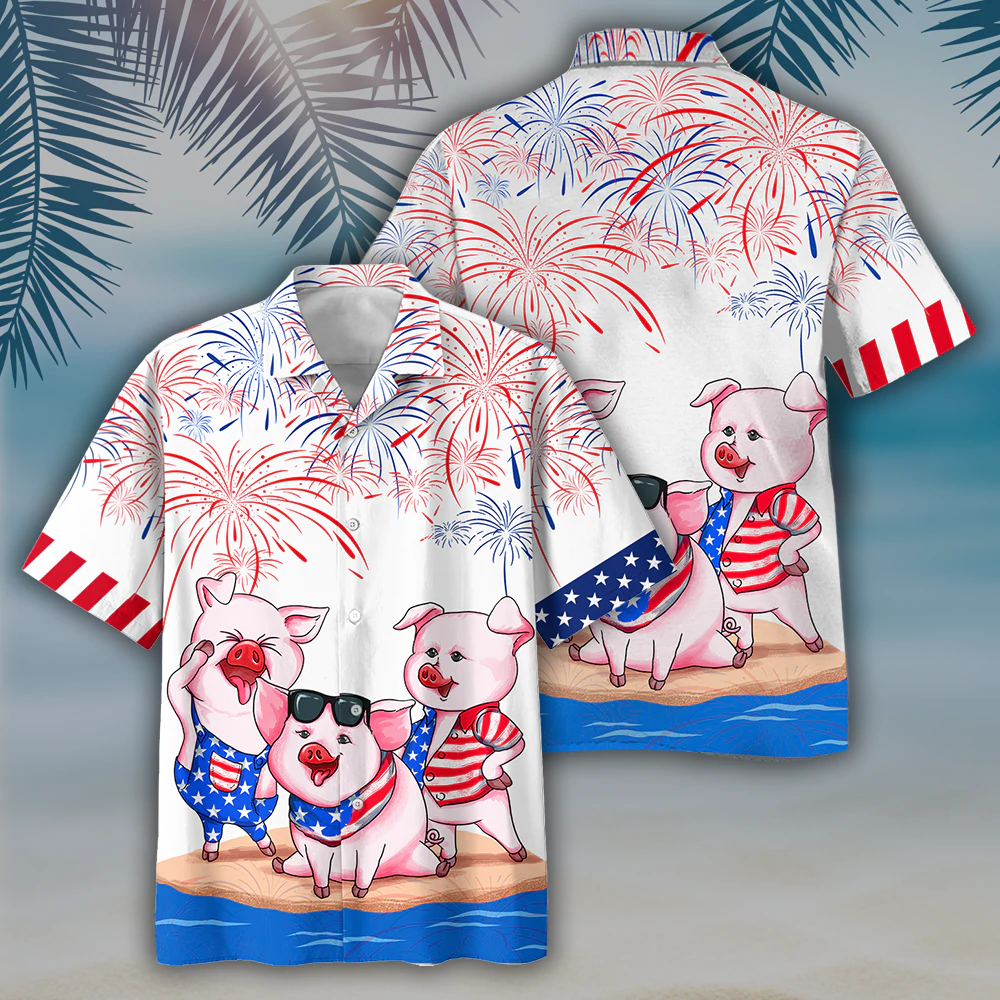 Pig 4th of july Hawaiian Shirt, Men's USA Patriotic Hawaiian Shirt, Patriotic Aloha Shirts