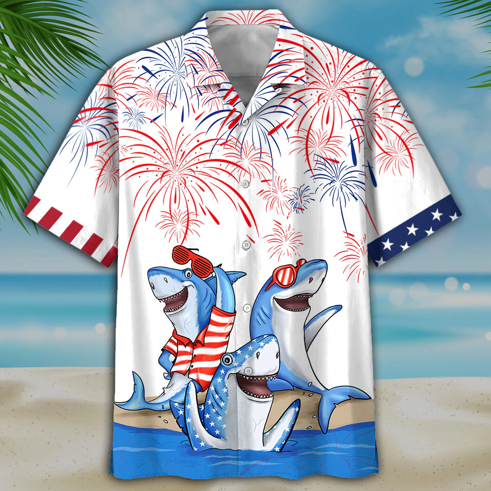 Men's 4th of july Shark hawaiian shirt - Independence Day hawaiian shirt, USA Patriotic Hawaiian Shirt